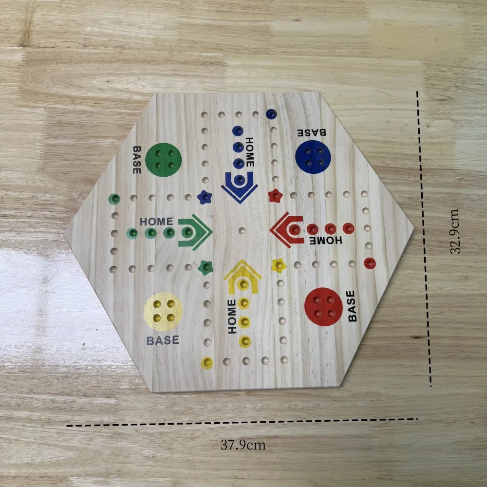 Marble Game Board - Double Sided Wooden Fast Track Board Game with 24 Marbles, 6 Dice & 6 Player Set