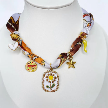 Bohemian Fabric Scarf Necklace - Sea Life, Heart & Floral Charm Pendant Vacation Jewelry Gift for Women
