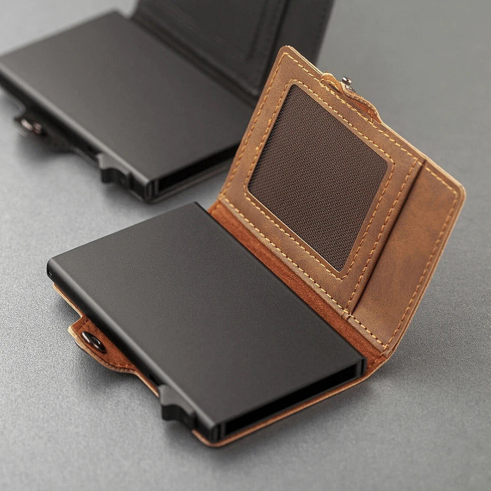 CASEKEY PU Leather Men’s Pop-Up Card Holder Wallet – Slim Minimalist Anti-RFID Smart Wallet with Money Clip & ID Window