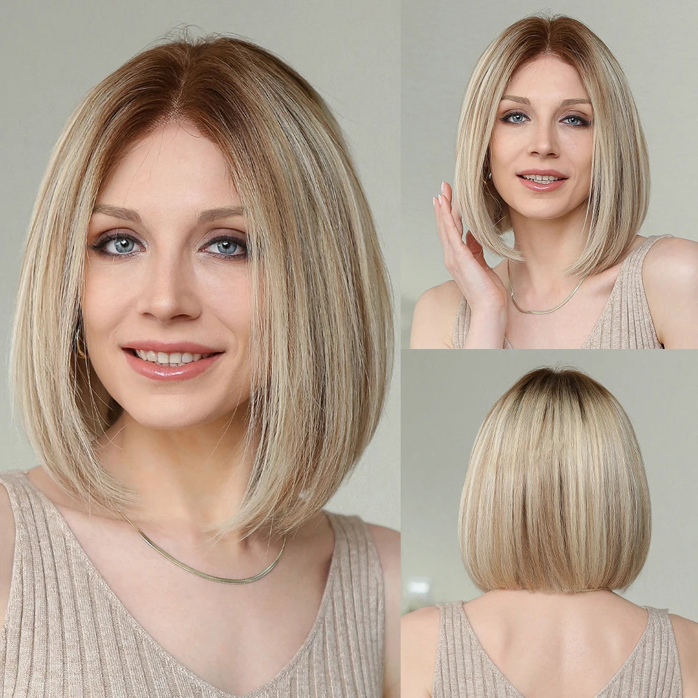Brown Blonde Mixed Ombre Lace Front Wig – Short Wavy Bob Golden Blonde Remy Human Hair for White Women Daily Use