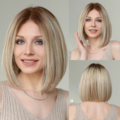Brown Blonde Mixed Ombre Lace Front Wig – Short Wavy Bob Golden Blonde Remy Human Hair for White Women Daily Use