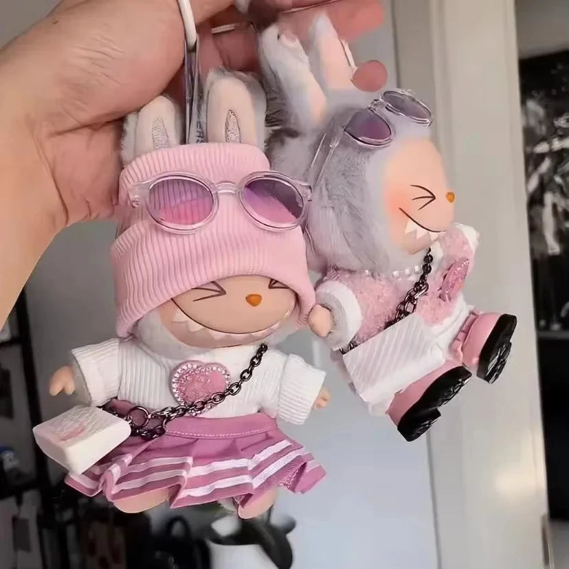 Mini Doll Clothes Outfit Set – 15-17cm Labubu V1-V3 Uniform Skirt, Sweater & Sunglasses Accessories