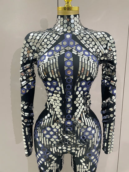 Sexy Shiny Silver Sequin & Black Spandex Jumpsuit — 2025 Women’s Prom, Dancer & Stage Performance Costume