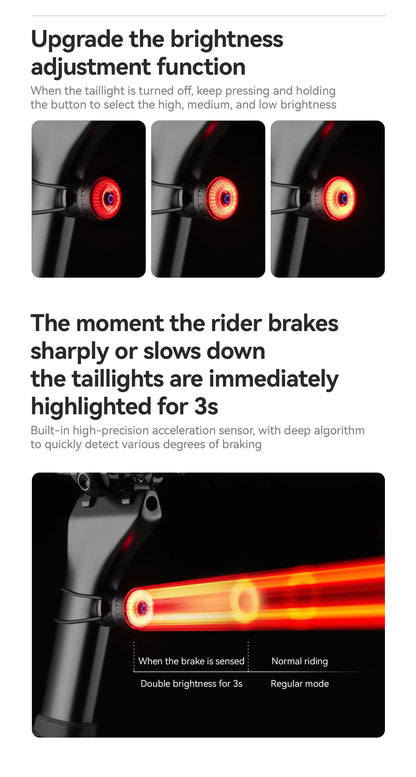 ROCKBROS Bicycle Handlebar End Lights – IPX6 Waterproof Rear Bike Lamp with 5 Modes & Brake Sensor