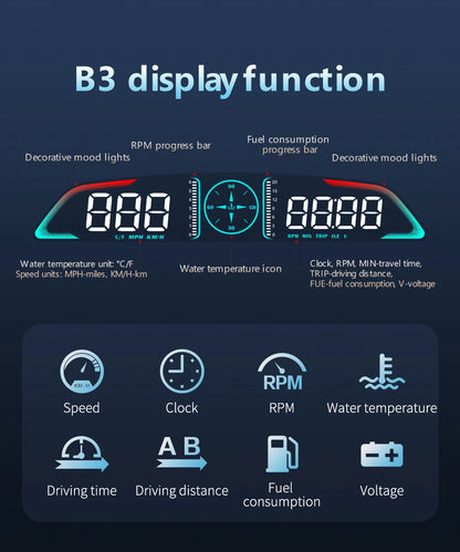 AD G3/B3 OBD2 GPS Head-Up Display – Smart Car HUD with Digital Speedometer, RPM, Water Temp, Clock & Security Alarm