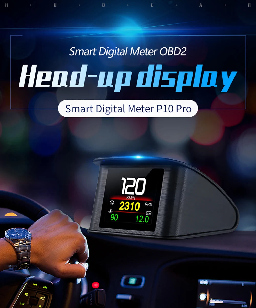 P10 Pro Head-Up Display – On-Board OBD2 Computer with Digital Speedometer, Mileage, Temperature & Driving Data Gauge