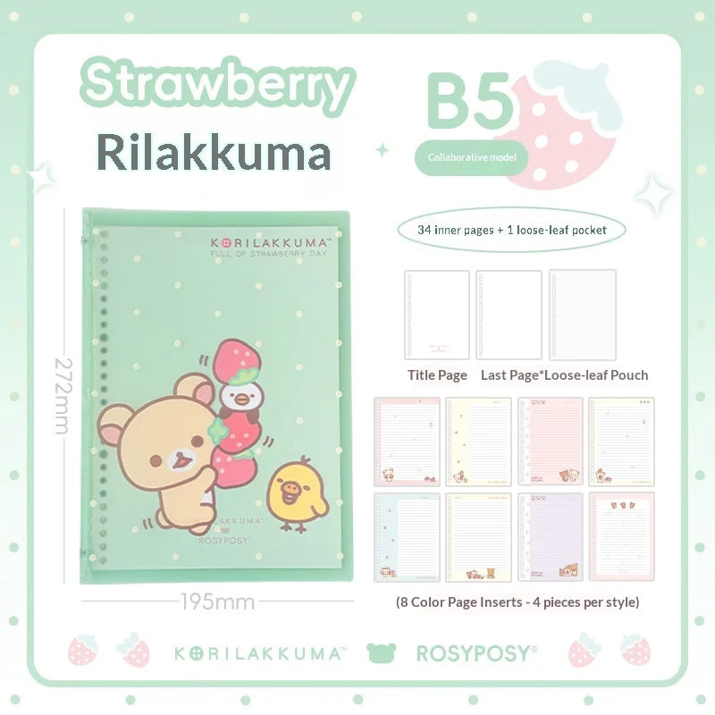 Rosyposy Korilakkuma Strawberry B5 Notebook - Cute Soft-Cover Loose-Leaf Journal for Study, Writing and Note-Taking