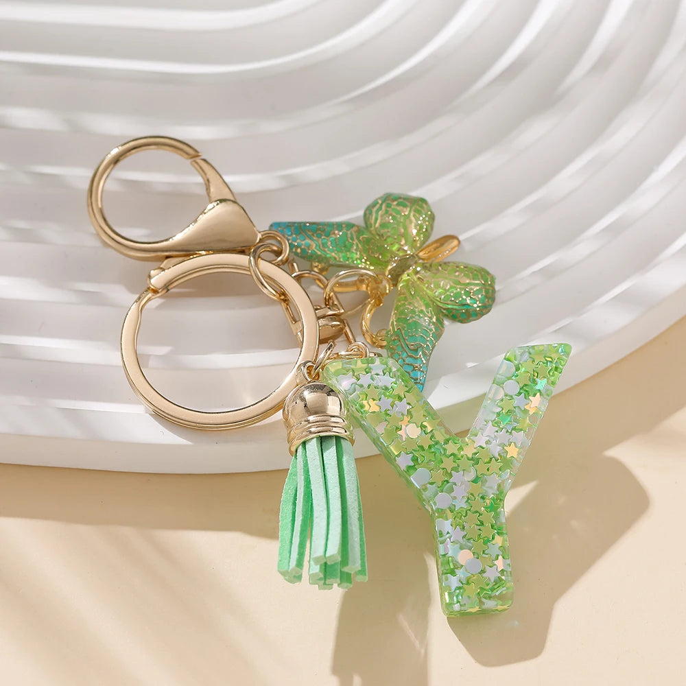A-Z Initial Letter Resin Keychain - Green Butterfly Lobster Key Ring & DIY Charm