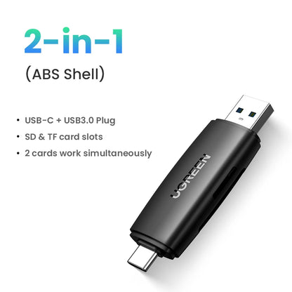 UGREEN USB 3.0 & USB-C Card Reader - SD MicroSD TF Memory Card Adapter for PC, Laptop & Thunderbolt 3 Devices