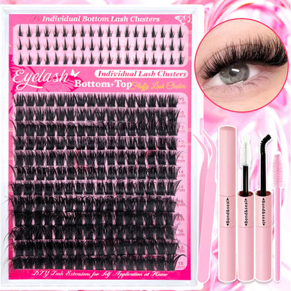 Top & Bottom Lash Extension Kit – 250/740 Cluster Fluffy Volume Mix Lengths DIY Eyelash Set for Bold Bombshell & Natural Lash Looks