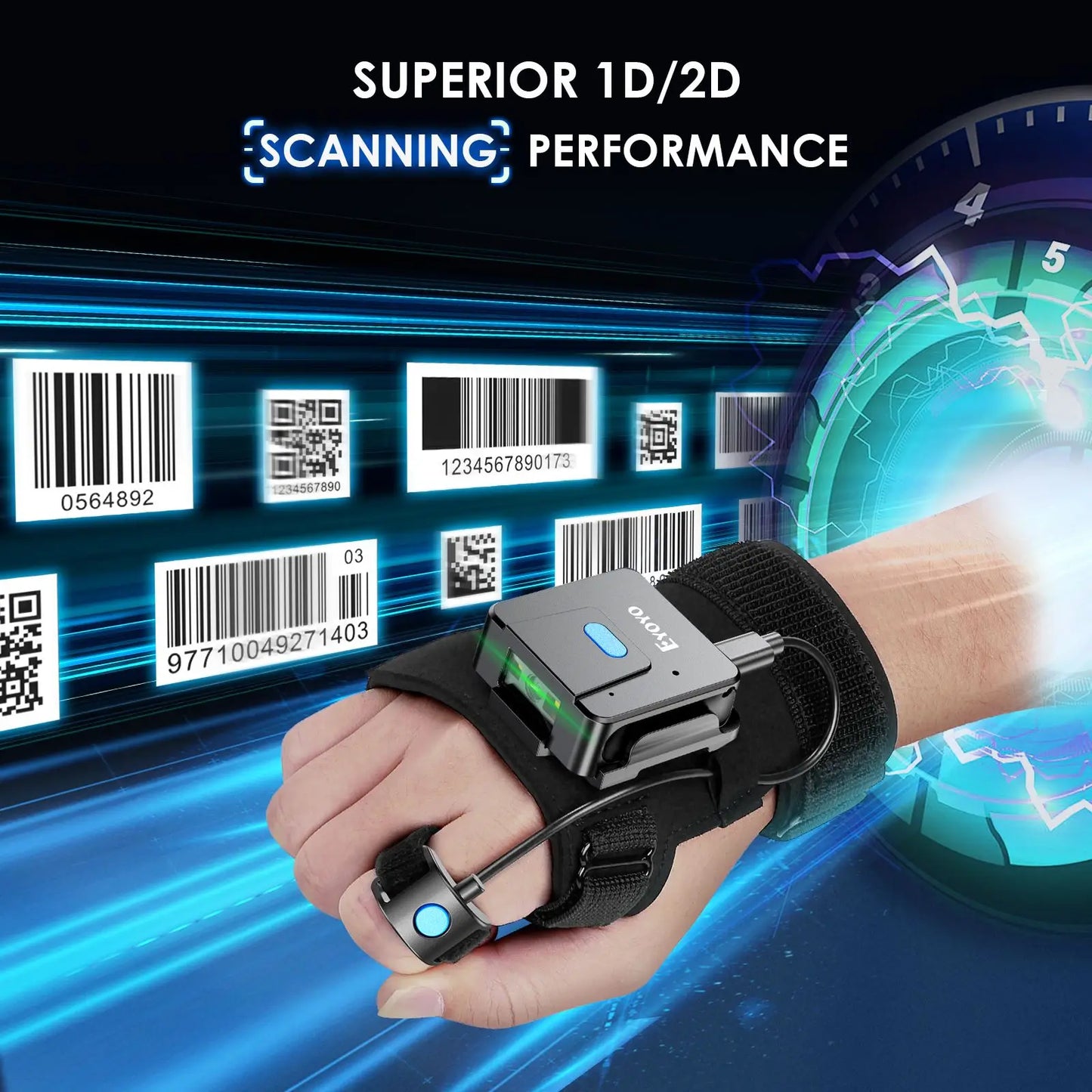 Eyoyo Wearable Barcode Scanner - 2D Bluetooth Wireless Finger Ring Scanner for 1D QR Code Reading