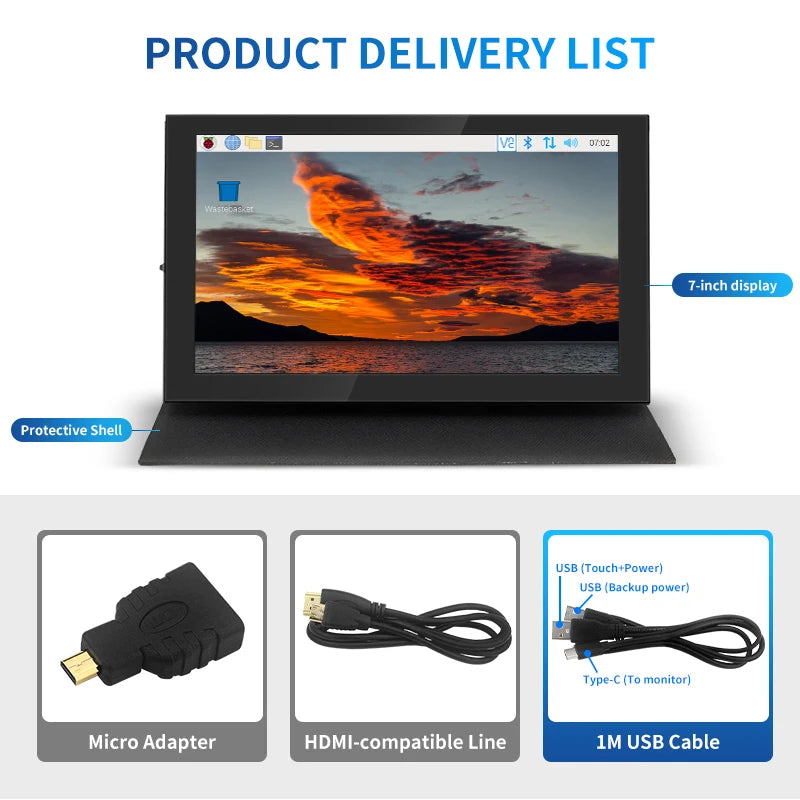 7 Inch IPS LCD Touch Screen – Mini HDMI-Compatible Display for Raspberry Pi 5/4, Windows PC, Game Console with Case Holder