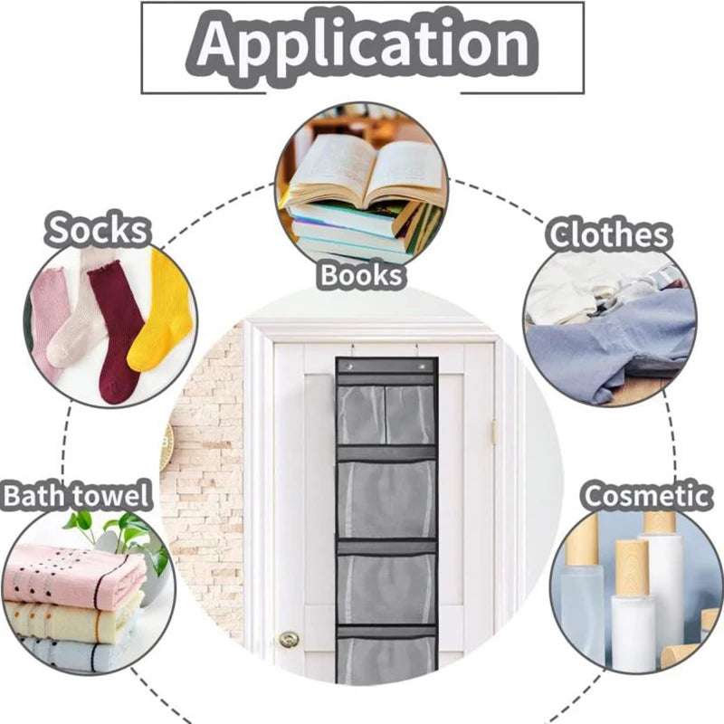 Over the Door Organizer – Grey Hanging Storage with 5 Large Pockets & Shelves