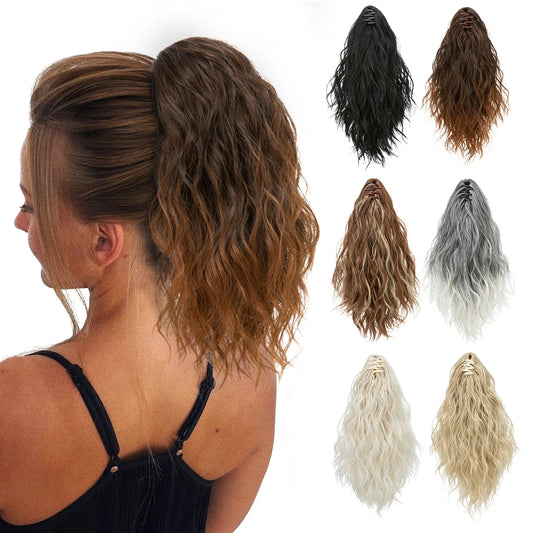 13-Inch Premium Synthetic Curly Claw Clip Ponytail – Blonde Brown Short Hairpiece, Fake Hair Extensions P064
