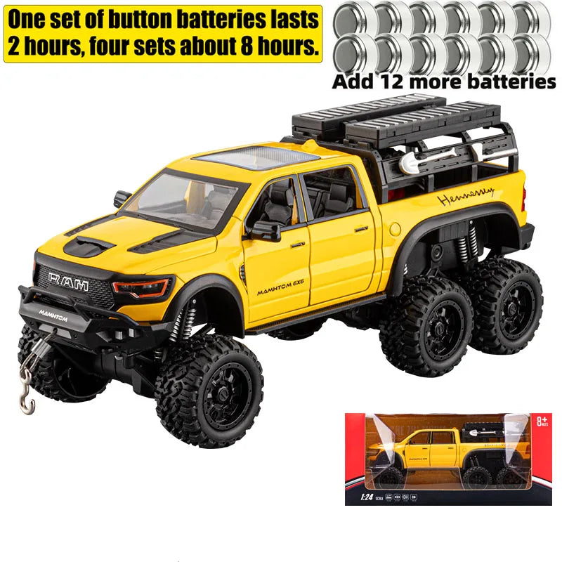 1:24 Dodge Mammoth RAM 1000 TRX 6x6 Diecast Model – Metal Alloy Pickup Toy Car with Lights for Kids & Collectors