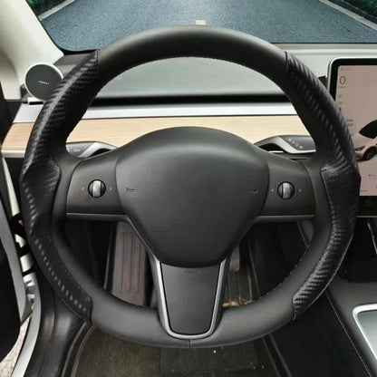 Tesla Steering Wheel Cover for Model 3/Y – Ultra-Thin Suede & Carbon Fiber, Sweat-Absorbing Car Accessory