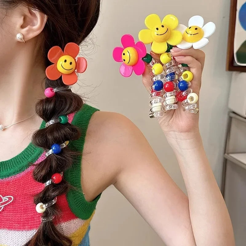 1PC Lovely Beaded Big Flowers Elastic Spiral Hair Rope – Ponytail Hair Ring Rubber Band Headband for Kids