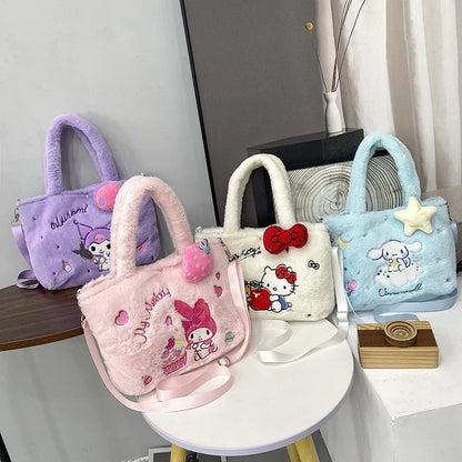 Sanrio Plush Bag - Kawaii Cinnamoroll Handbag Tote, Plushie Shoulder Messenger Bags, Kuromi, Hello Kitty Stuffed Makeup Backpack - Perfect Gift
