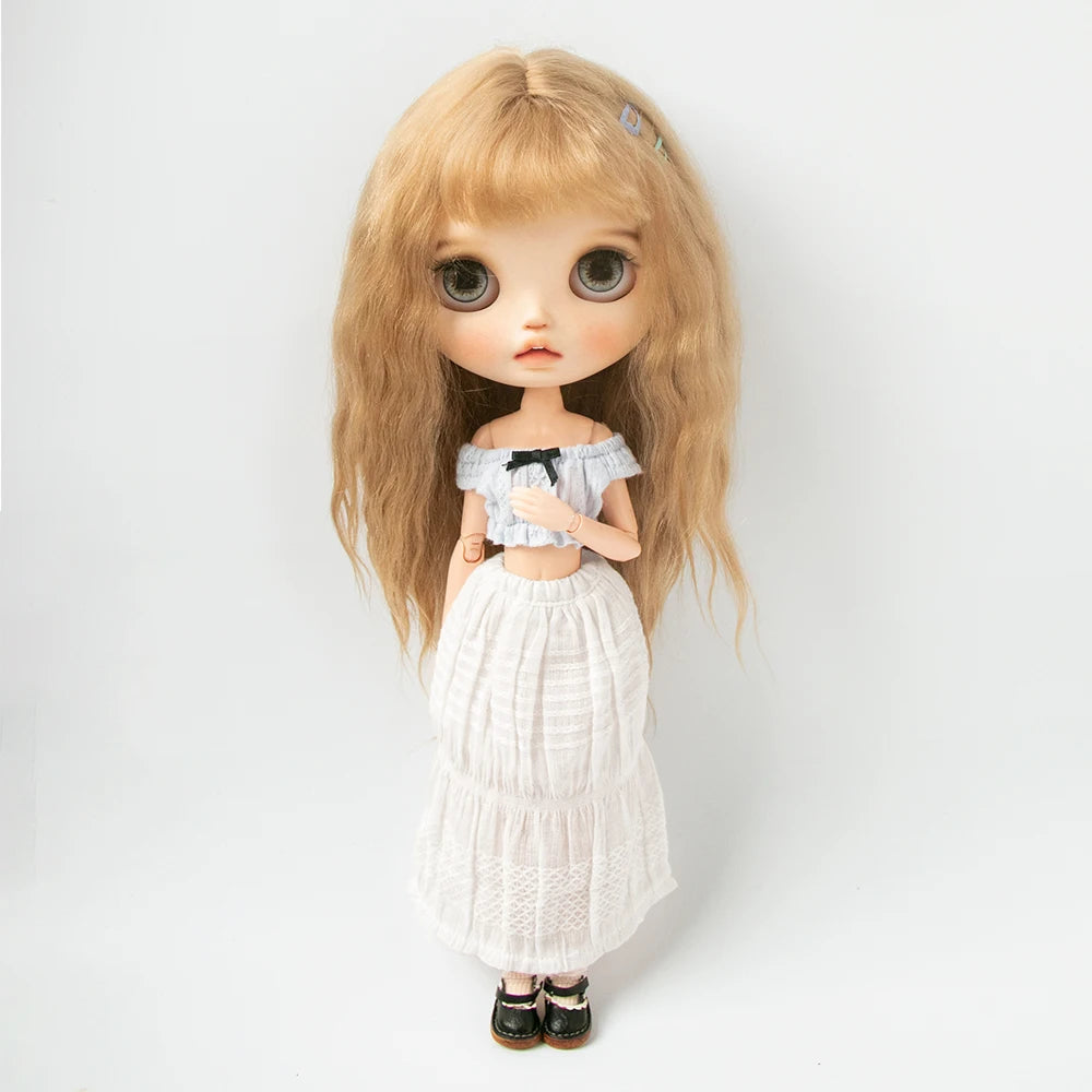 Blythe Doll Clothes Plaid Pleated Skirt & Off-Shoulder Top Tulle Dress Set — Ruffle Skirt for Licca, Azone, OB22, YMY Doll Accessories