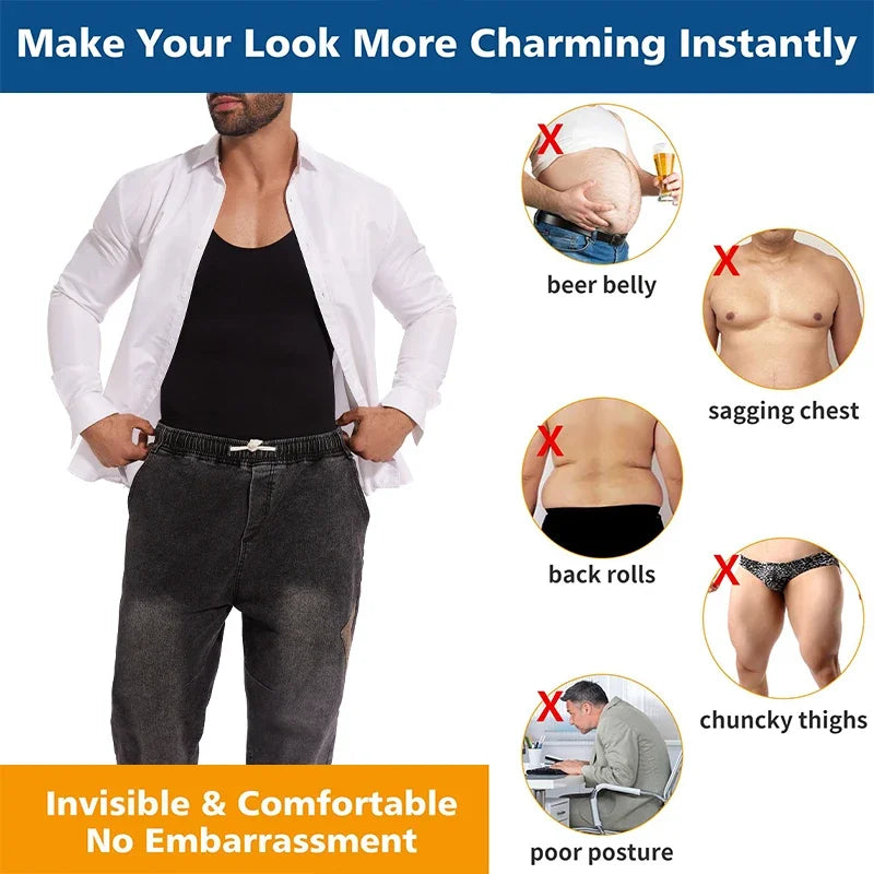 Men’s Sleeveless Bodysuit Shaper — Full Body Compression Undershirt, Tummy Control Slimming Vest Shapewear