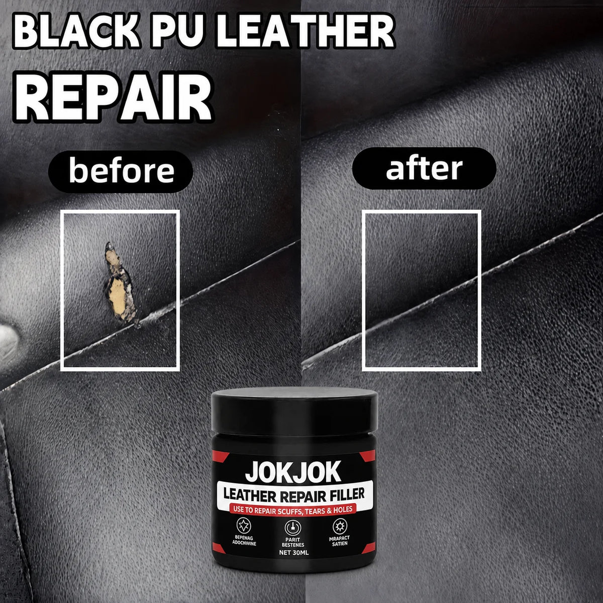 JOKJOK Leather Repair Filler 30ml - Black PU Vinyl Paste for Car Seats, Sofas, Shoes, Scratches, and Cracks