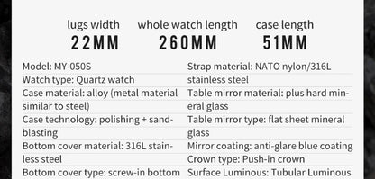 Addies Men's Military Watch - Luminous, Multi-Functional Quartz with Nylon & Steel Strap, Waterproof Outdoor Sports Watch
