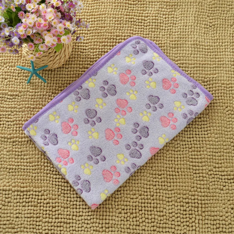Flannel Pet Blanket - Cute Paw Print Mat for Warm Comfortable Dog & Cat Puppy Kitten Bedding