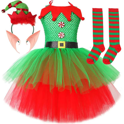 Red & Green Christmas Elf Costumes for Girls – Kids Xmas Fairy Dresses with Hat and Socks, New Year Festival Outfit