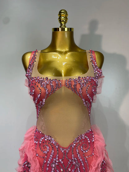 Shining Rhinestone Tassel Mesh Dress - Sheer Evening Party & Stage Performance Outfit