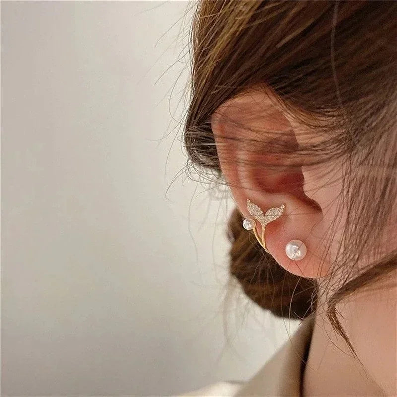 Korean Vintage Pearl & Crystal Earrings for Women — Luxury Zircon Flower, Butterfly & Leaf Stud Jewelry