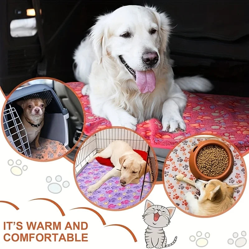 Flannel Pet Blanket - Cute Paw Print Mat for Warm Comfortable Dog & Cat Puppy Kitten Bedding