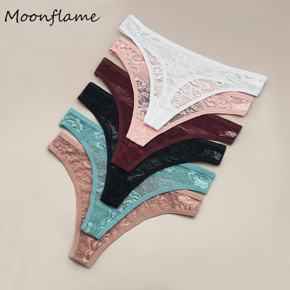 Moonflame 5Pcs Lace Thong Underwear Set - Women’s T-Back G-String Lingerie with Transparent Sexy Panties