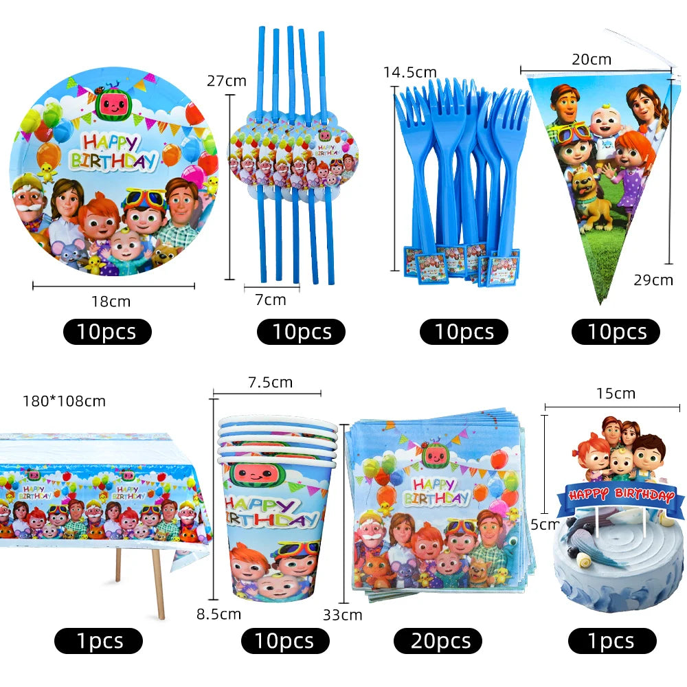 Cartoon JJ Melon Birthday Party Decorations Set – Disposable Tableware, Cups, Plates, Tablecloth, Balloons & Cake Topper for Kids & Baby Shower