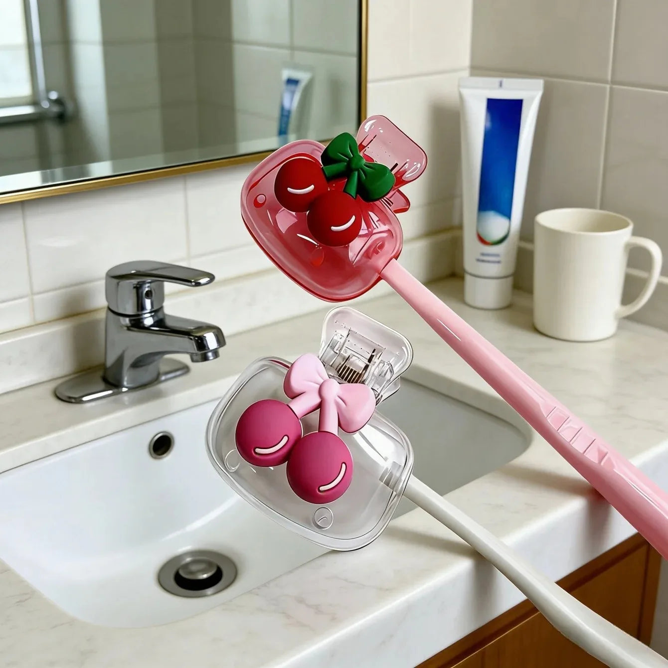 Cute Cherry Toothbrush Holder - Dual Hole Drainage & Ventilated Toothbrush Head Protector for Bathroom Storage