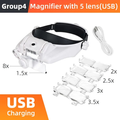 LED Headband Magnifier – Hands-Free Glasses with 1.5x–8x Lenses for Jewelry, Watch & Electronic Repair