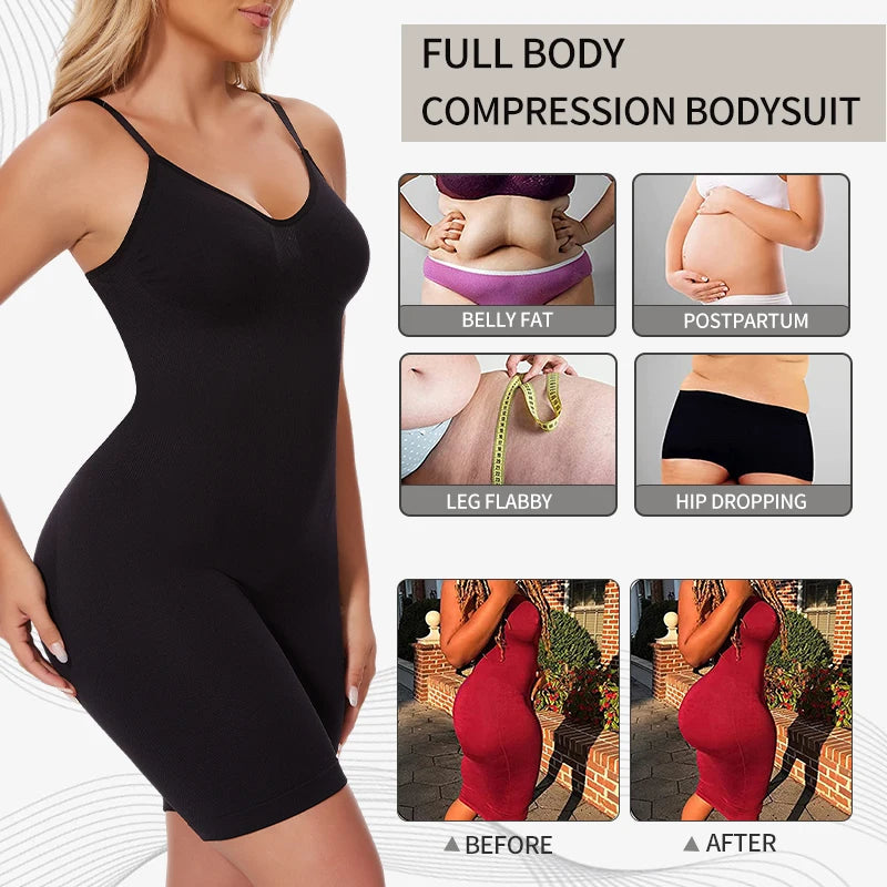 Women’s Bodysuit Shapewear Tank Top — Tummy Control Full Body Shaper with Anti-Chafing Shorts, Waist Trainer & Butt Lifter