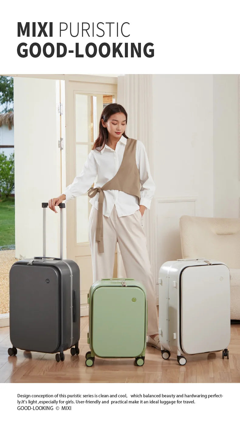 Mixi PC Aluminum Frame Suitcase — Front-Opening Rolling Travel Luggage, 20", 24" & 26" Carry-On M9291