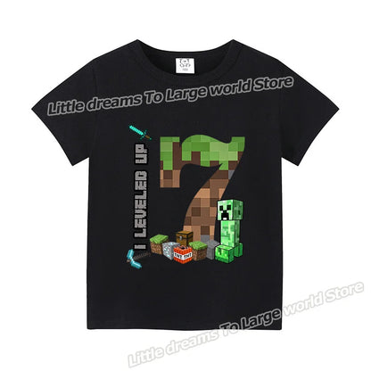 Miner Crafting Birthday Number T-Shirt – Cartoon Summer Short Sleeve Tops for Boys Party Gift