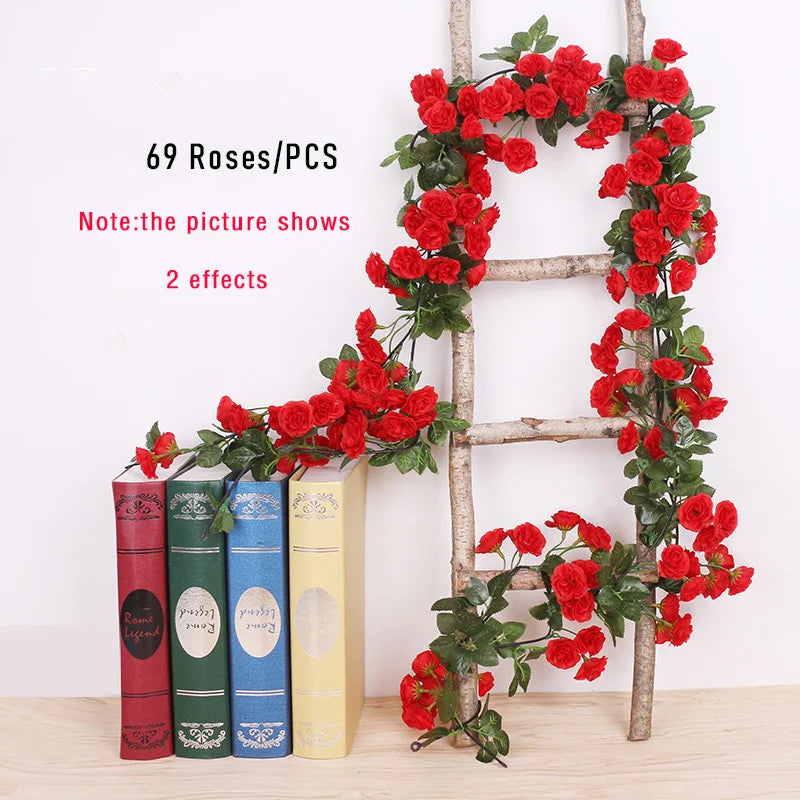 Artificial Flowers Vine Set - 1pc Vine with 45pcs/69pcs Roses for DIY Wedding Decoration, Fake Flower Home Decor, Wall Hanging Garland, and Room Plants