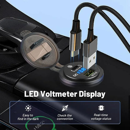48W Quick Charge 3.0 Waterproof USB Car Charger 12V/24V PD Type-C + QC3.0 Dual USB Fast Charging Socket with LED Voltmeter for Cars, Trucks & Boats
