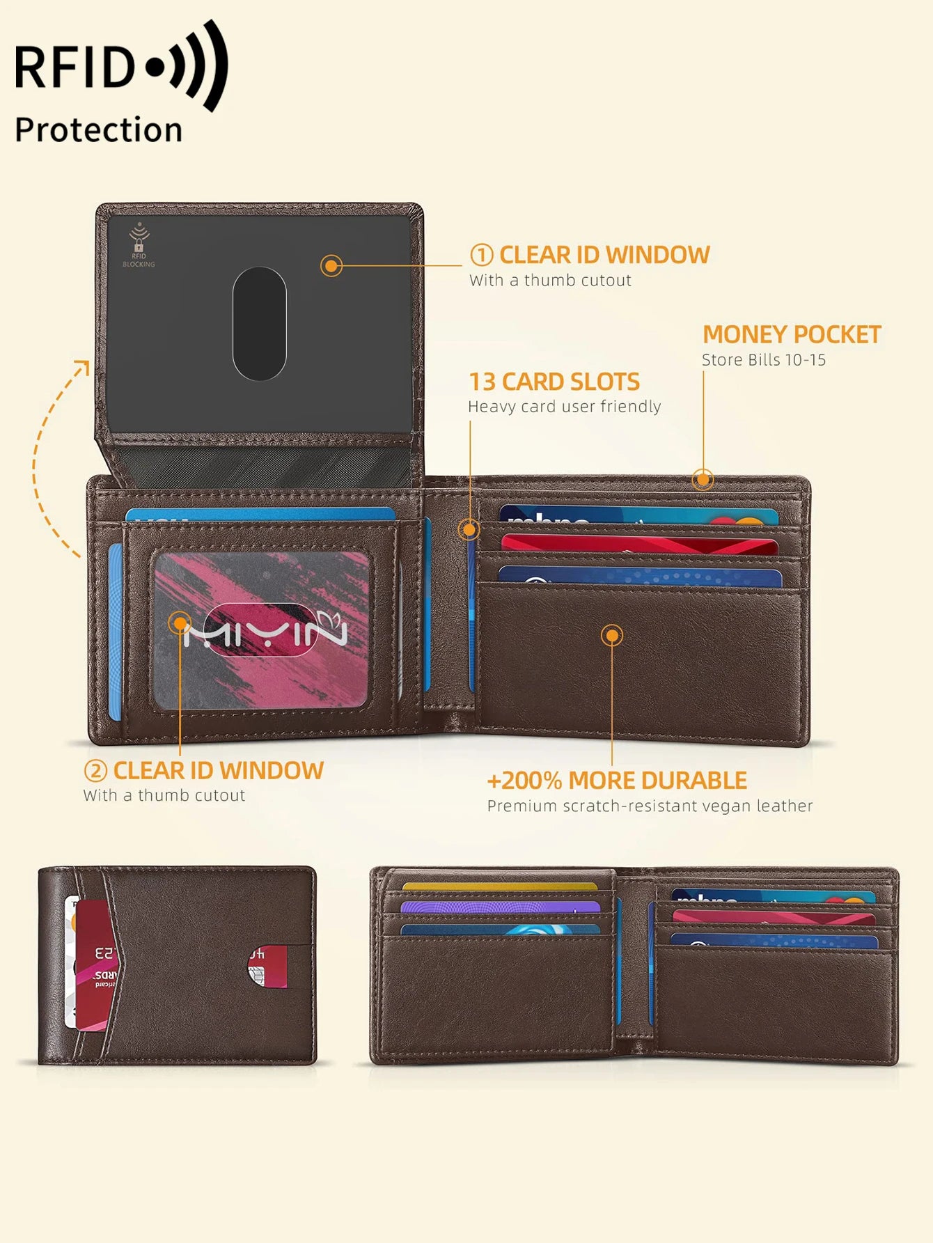 Carbon Fiber Minimalist Trifold Wallet for Men — Ultra-Thin RFID Wallet with ID Window, 13 Card Slots & Coin Holder