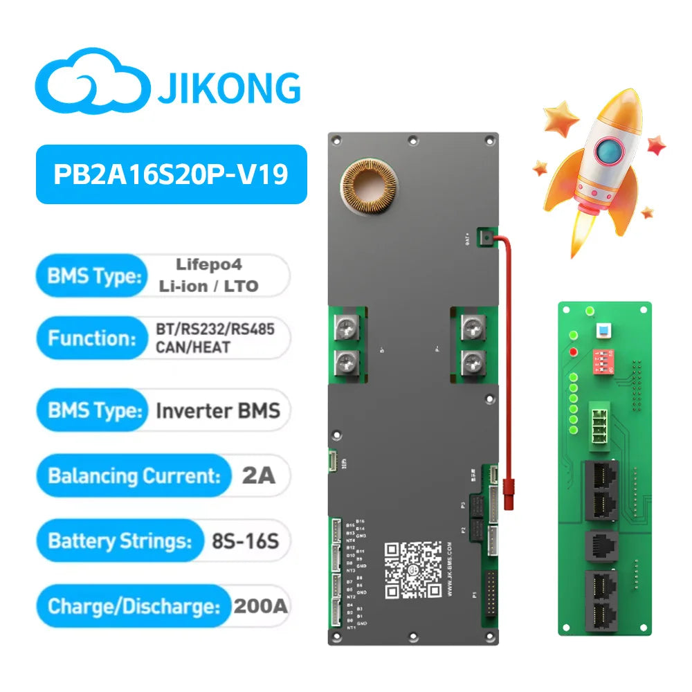 JK BMS V19 16S 48V 200A Battery Management System - PB2A16S20P Active Balancer for LiFePO4, Li-Ion & LTO Batteries