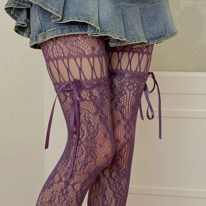 Women's JK Lace Bow Stockings - Sexy Floral Hollow Out Pantyhose for Cosplay, Party & Night Club Fashion