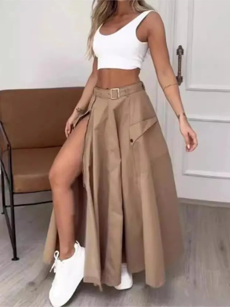Women’s Summer High Waist Skirt Set – Solid Casual White Tank Top & High Slit Maxi Skirt with Belt and Pockets
