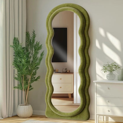 Full-Length Arched Floor Mirror – 63"x24" Wavy Full Body Mirror with Stand, Wall Mounted Leaning Milk Tea Flannel Frame