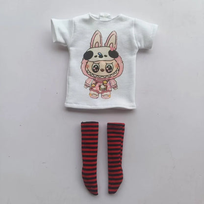 Handmade OB24 1/6 Blyth Doll Clothes – Cartoon T-Shirt with Striped Socks for 1/6 Doll Accessories