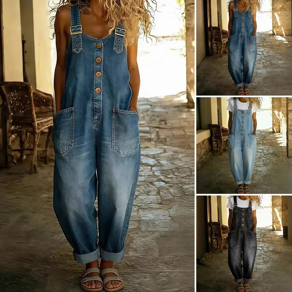 Women's Denim Bib Overalls - Relaxed Fit Wide Leg Vintage Jumpsuit Pants with Button Front Design