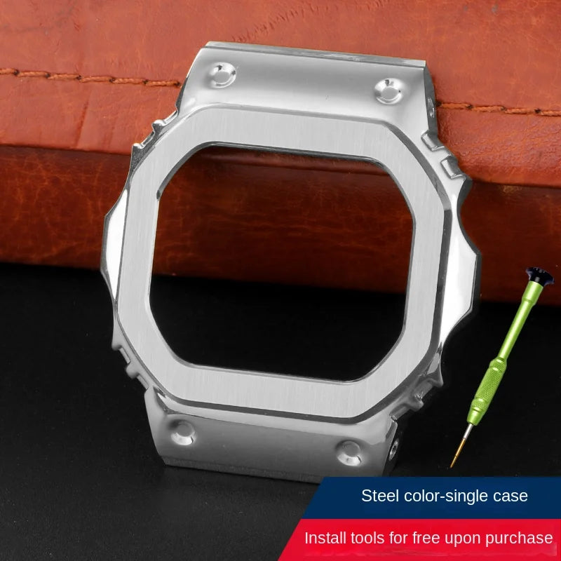 Stainless Steel Metal Case & Strap for Casio G-SHOCK DW5600, GW-M5610, 5000 & GW-B5600 – Gold & Black Modified Watchband