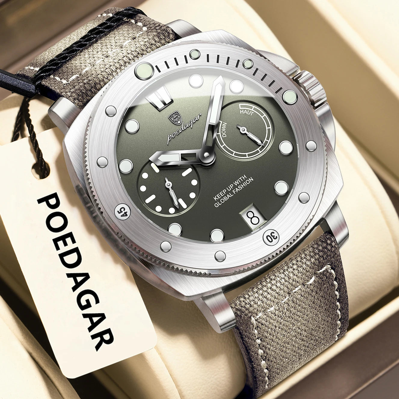 POEDAGAR Men’s Military Watch – Waterproof Luminous Quartz Watch with Date, Nylon & Leather Strap, Fashionable Men’s Timepiece