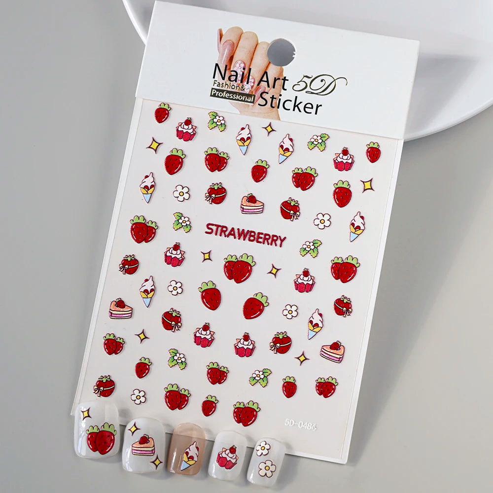 5D Macaron Nail Stickers - Embossed Flower, Fruit, Bear & Rabbit Charms for Summer DIY Manicure Decoration